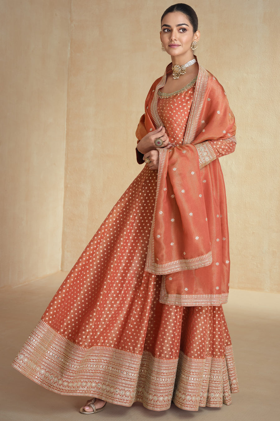 Orange Jacquard Silk Anarkali Suit For Indian Festival & Pakistani Weddings - Embroidery Work