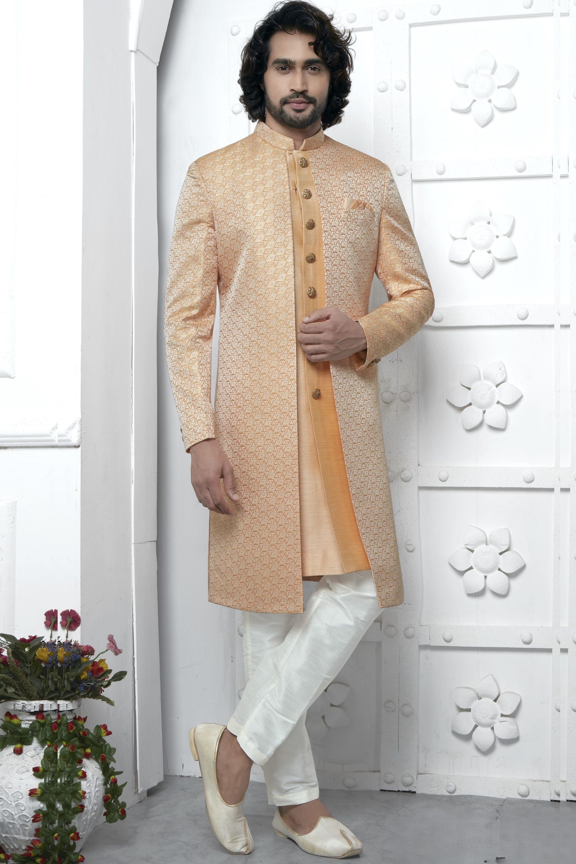 Orange Jacquard Silk Indo Western Suit Long Kurta with Jacket & Pant for Men for Wedding - Jacquard Work