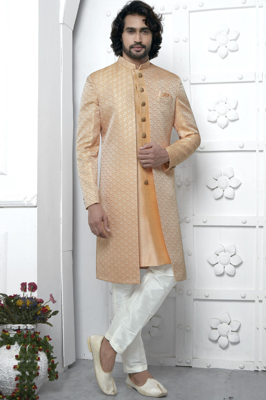 Orange Jacquard Silk Indo Western Suit Long Kurta with Jacket & Pant for Men for Wedding - Jacquard Work