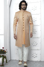 Orange Jacquard Silk Indo Western Suit Long Kurta with Jacket & Pant for Men for Wedding - Jacquard Work