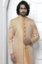 Orange Jacquard Silk Indo Western Suit Long Kurta with Jacket & Pant for Men for Wedding - Jacquard Work