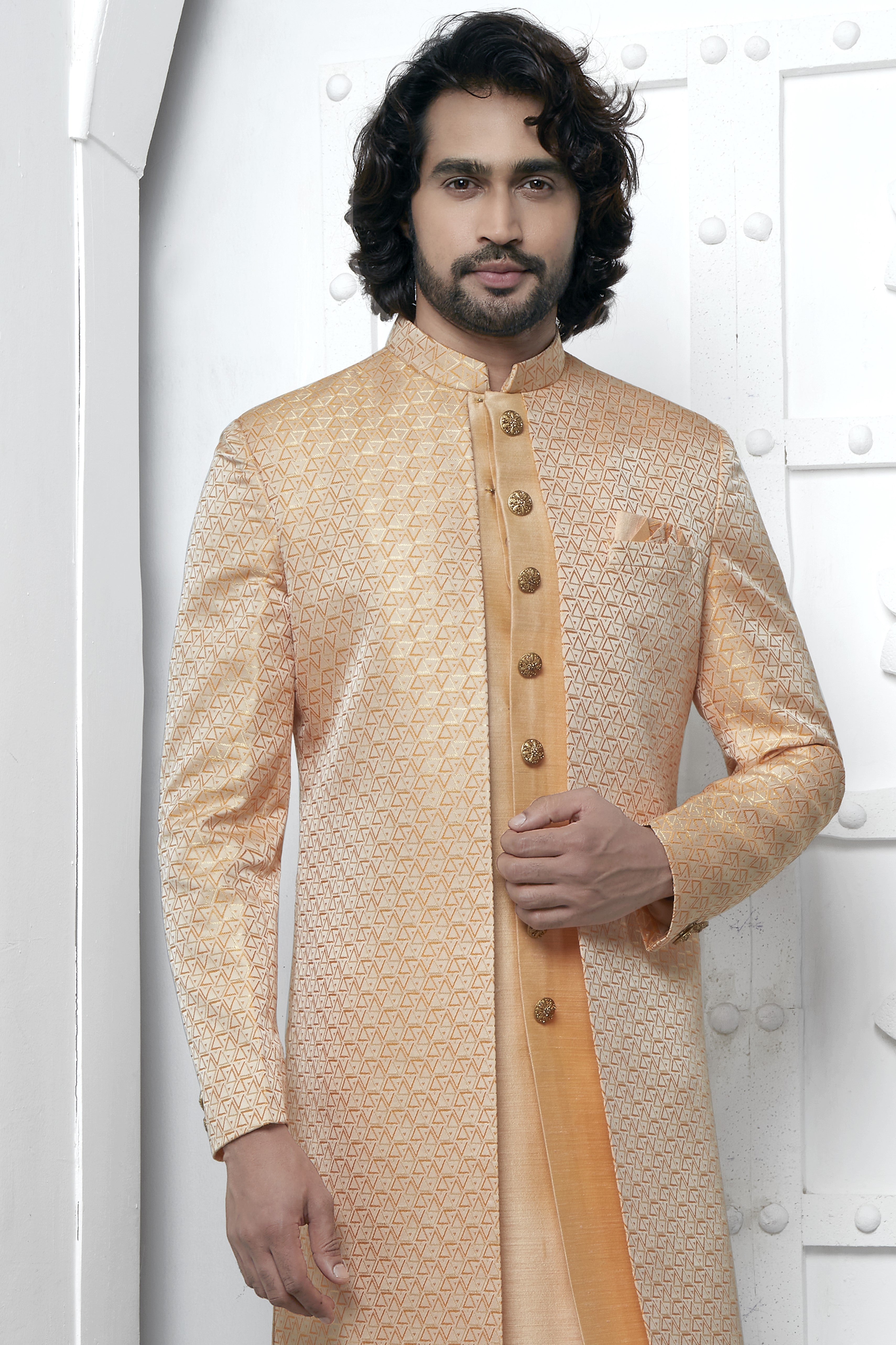 Orange Jacquard Silk Indo Western Suit Long Kurta with Jacket & Pant for Men for Wedding - Jacquard Work