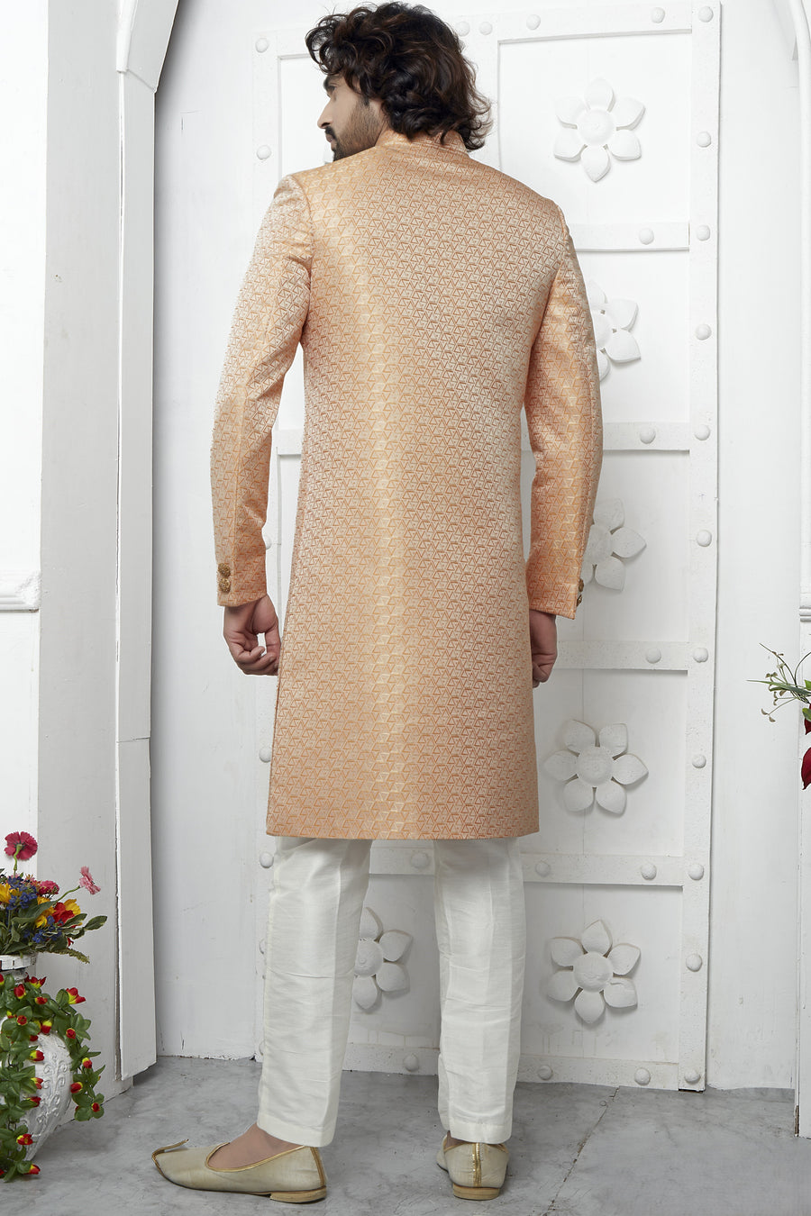 Orange Jacquard Silk Indo Western Suit Long Kurta with Jacket & Pant for Men for Wedding - Jacquard Work