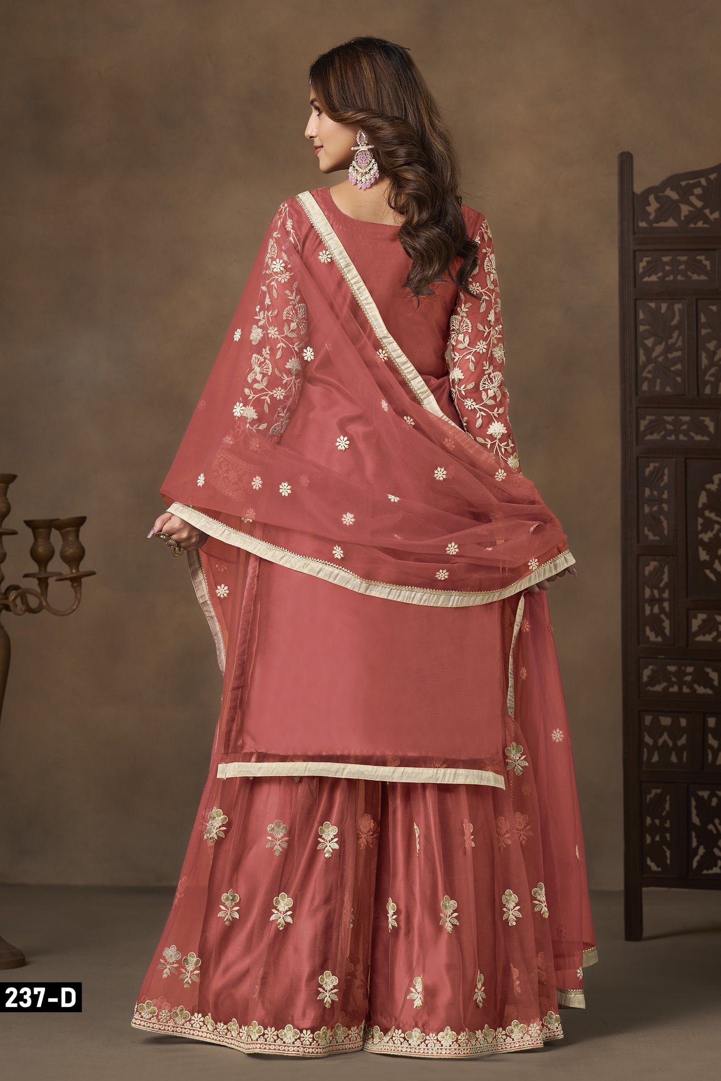 Orange Net Plazo Suits for Wedding with Sequins Embroidery