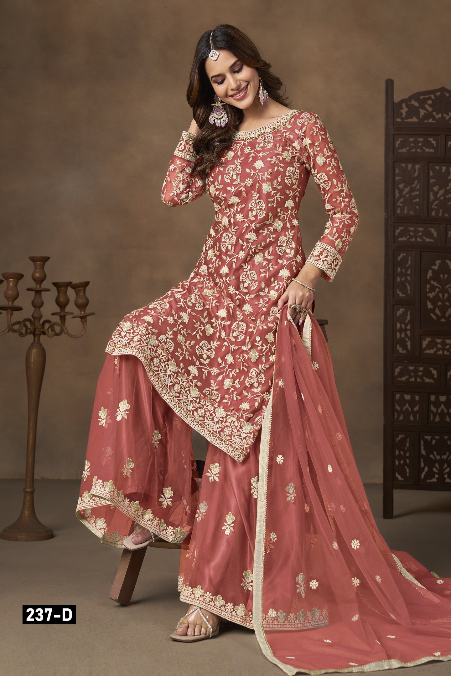 Orange Net Plazo Suits for Wedding with Sequins Embroidery
