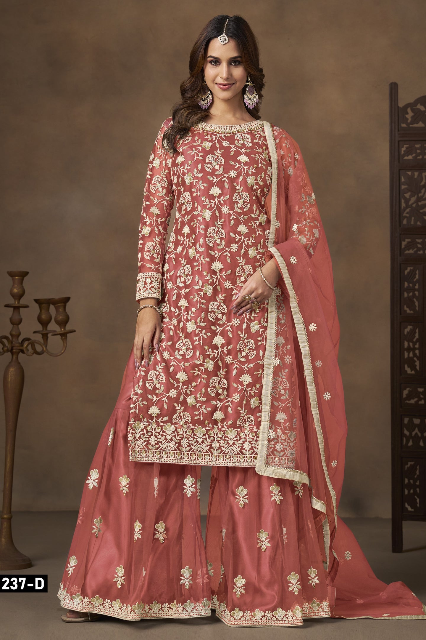 Orange Net Plazo Suits for Wedding with Sequins Embroidery