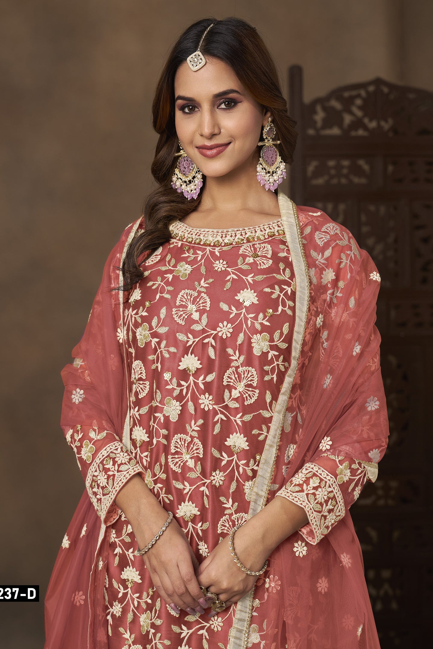 Orange Net Plazo Suits for Wedding with Sequins Embroidery