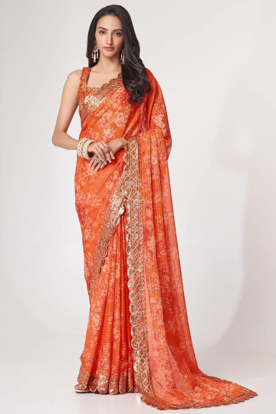 Orange Organza Silk Floral Saree Blouse With Underskirt & Fall Pico For Indian & Pakistani Wedding Festival - Sequins & Thread Embroidery Work, Print Work
