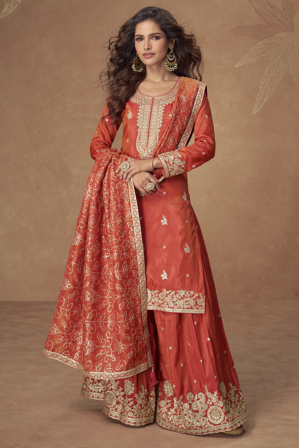 Orange Simmer Silk Kameez With Palazzo Suit For Indian & Pakistani Wedding Festival - Thread & Sequence Embroidery