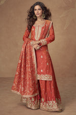 Orange Simmer Silk Kameez With Palazzo Suit For Indian & Pakistani Wedding Festival - Thread & Sequence Embroidery