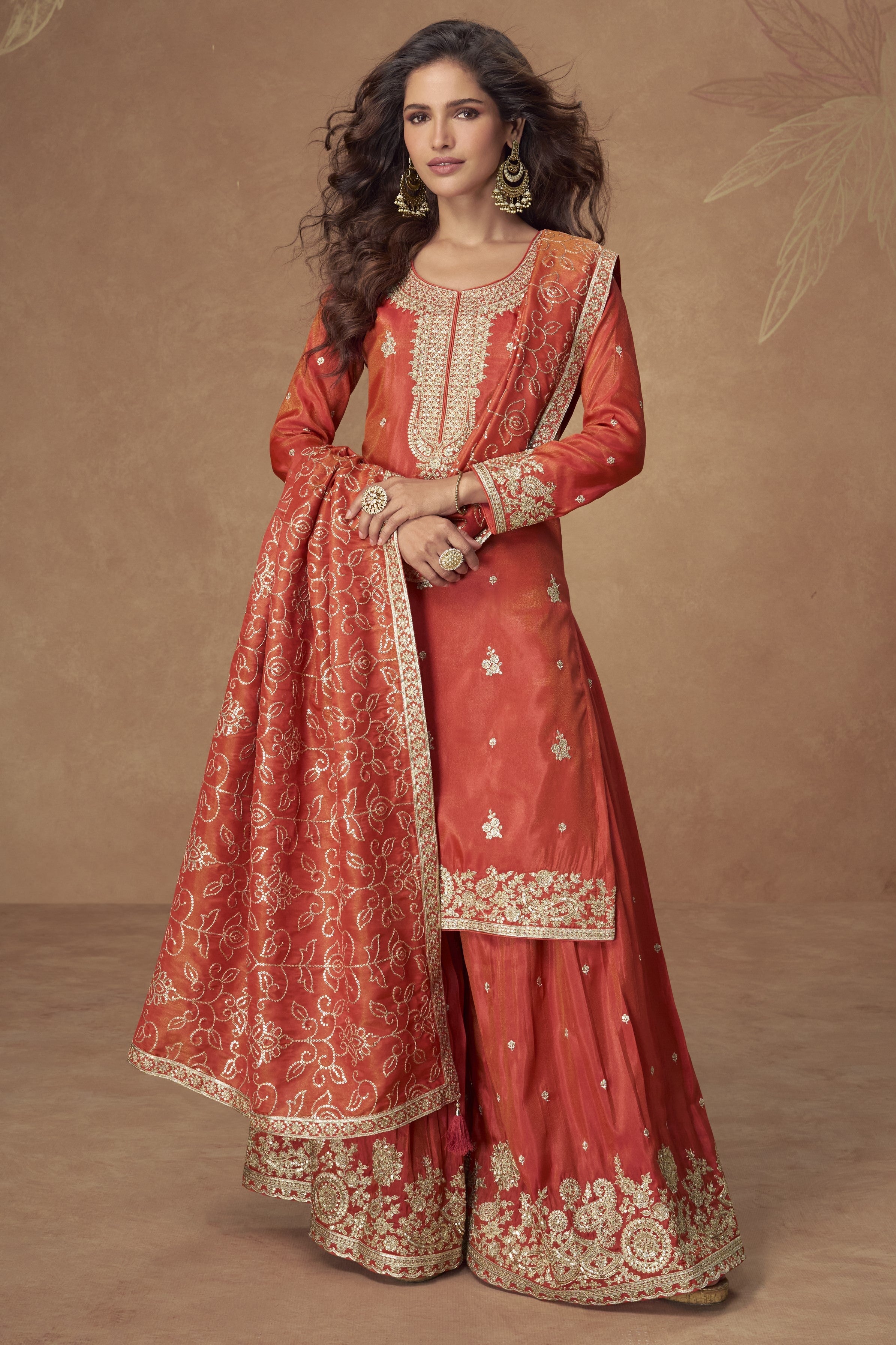 Orange Simmer Silk Kameez With Palazzo Suit For Indian & Pakistani Wedding Festival - Thread & Sequence Embroidery