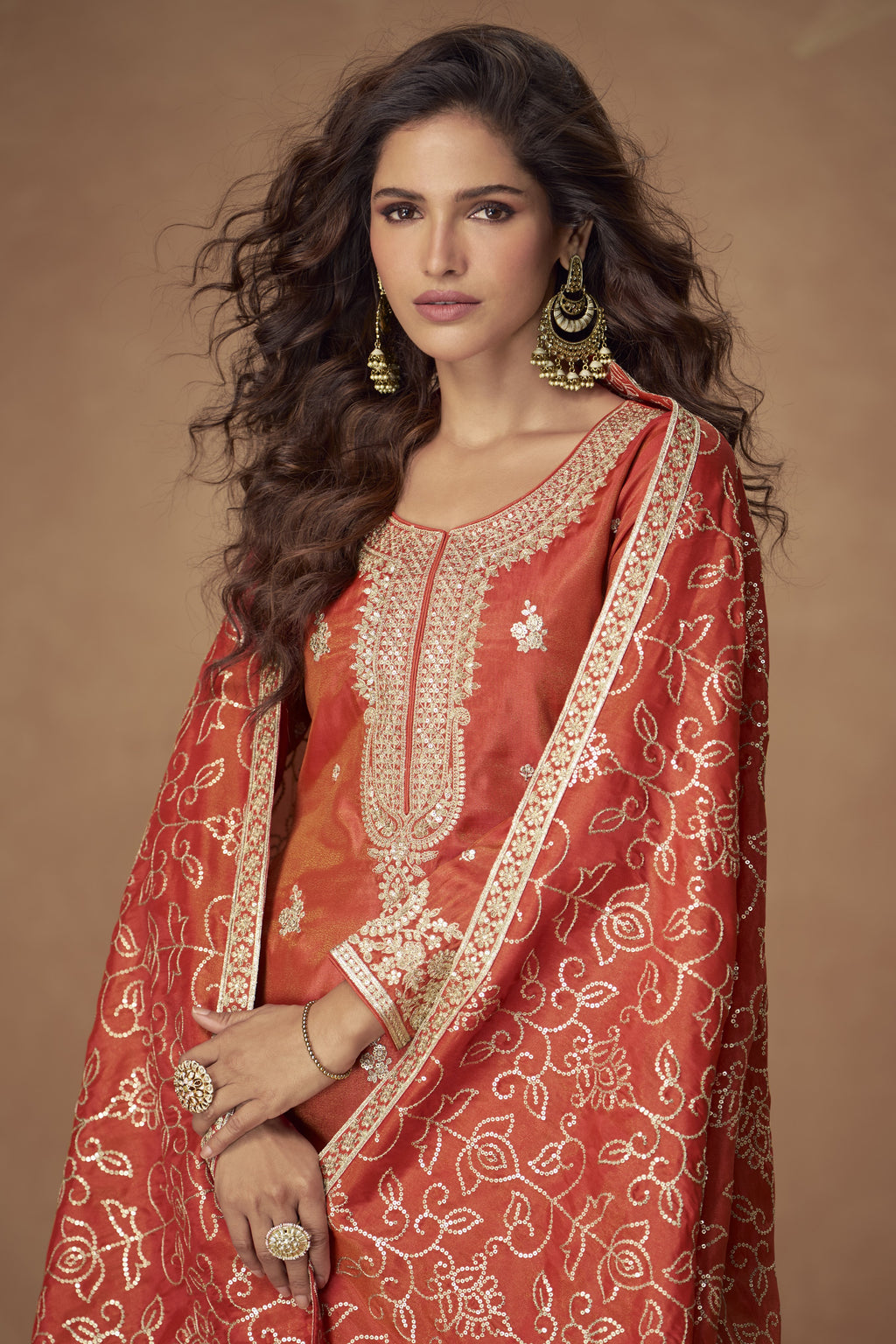 Orange Simmer Silk Kameez With Palazzo Suit For Indian & Pakistani Wedding Festival - Thread & Sequence Embroidery