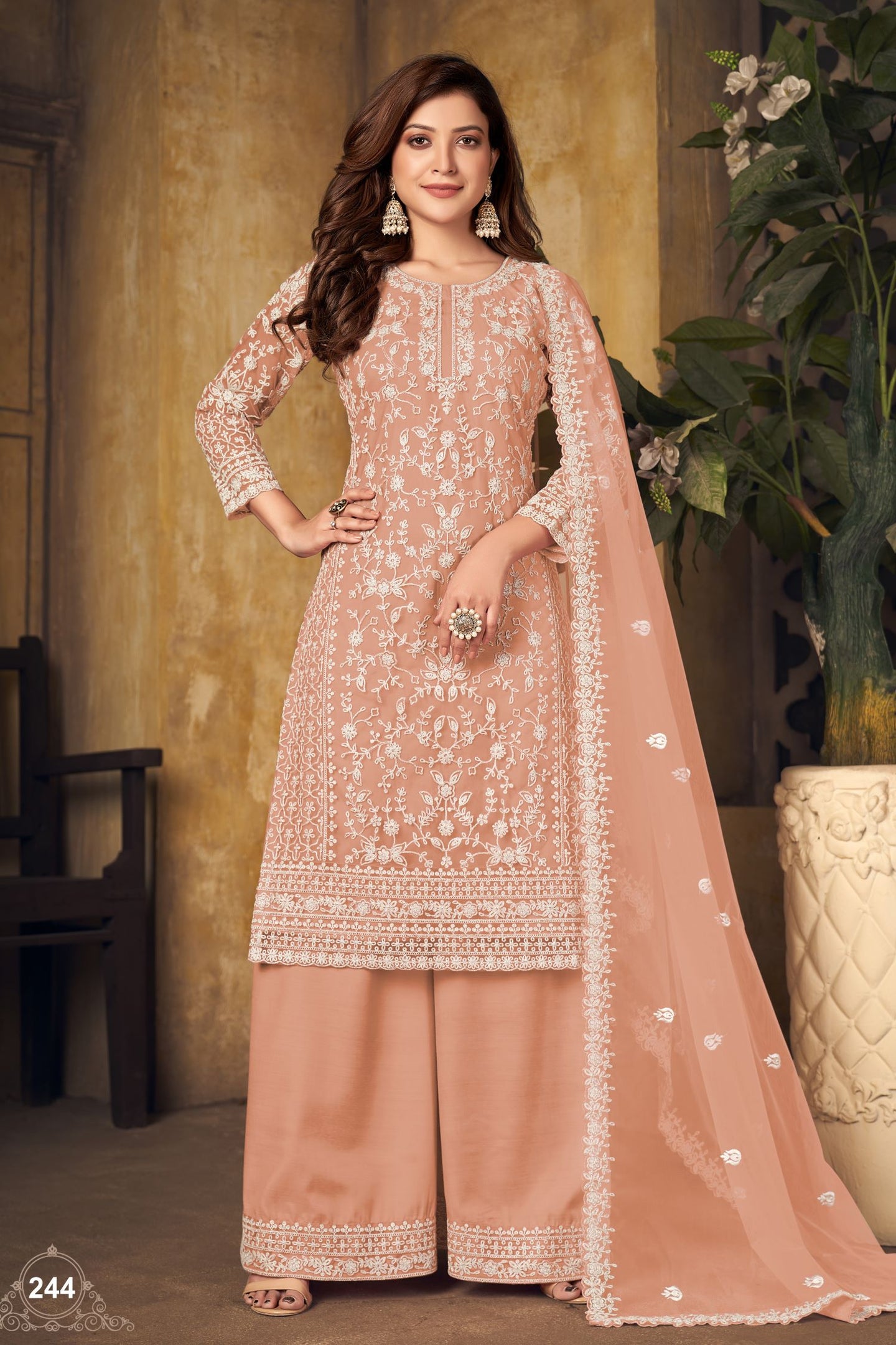 Orange Net Thread Embroidery Plazo for Sangeet Outfits for Women
