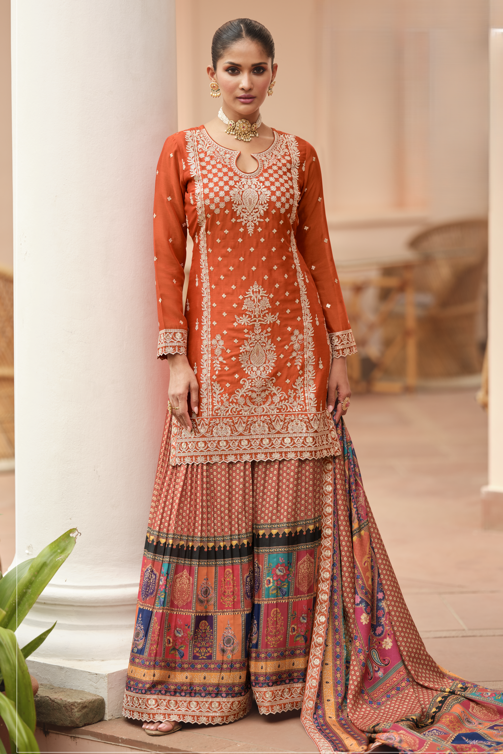 Orange Chinon Silk Indian Palazzo Suit with Print & Embroidery Work