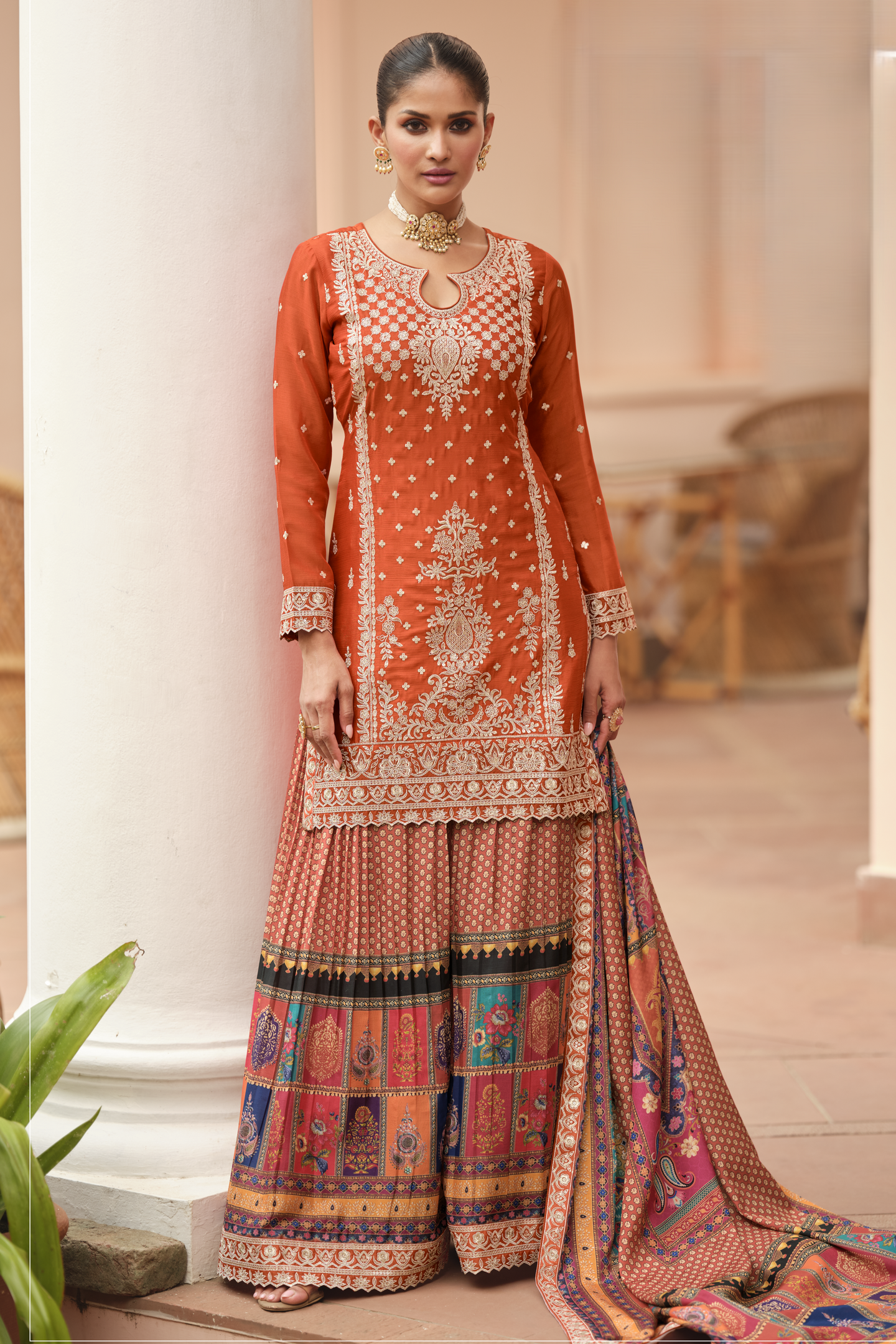 Orange Chinon Silk Indian Palazzo Suit with Print & Embroidery Work