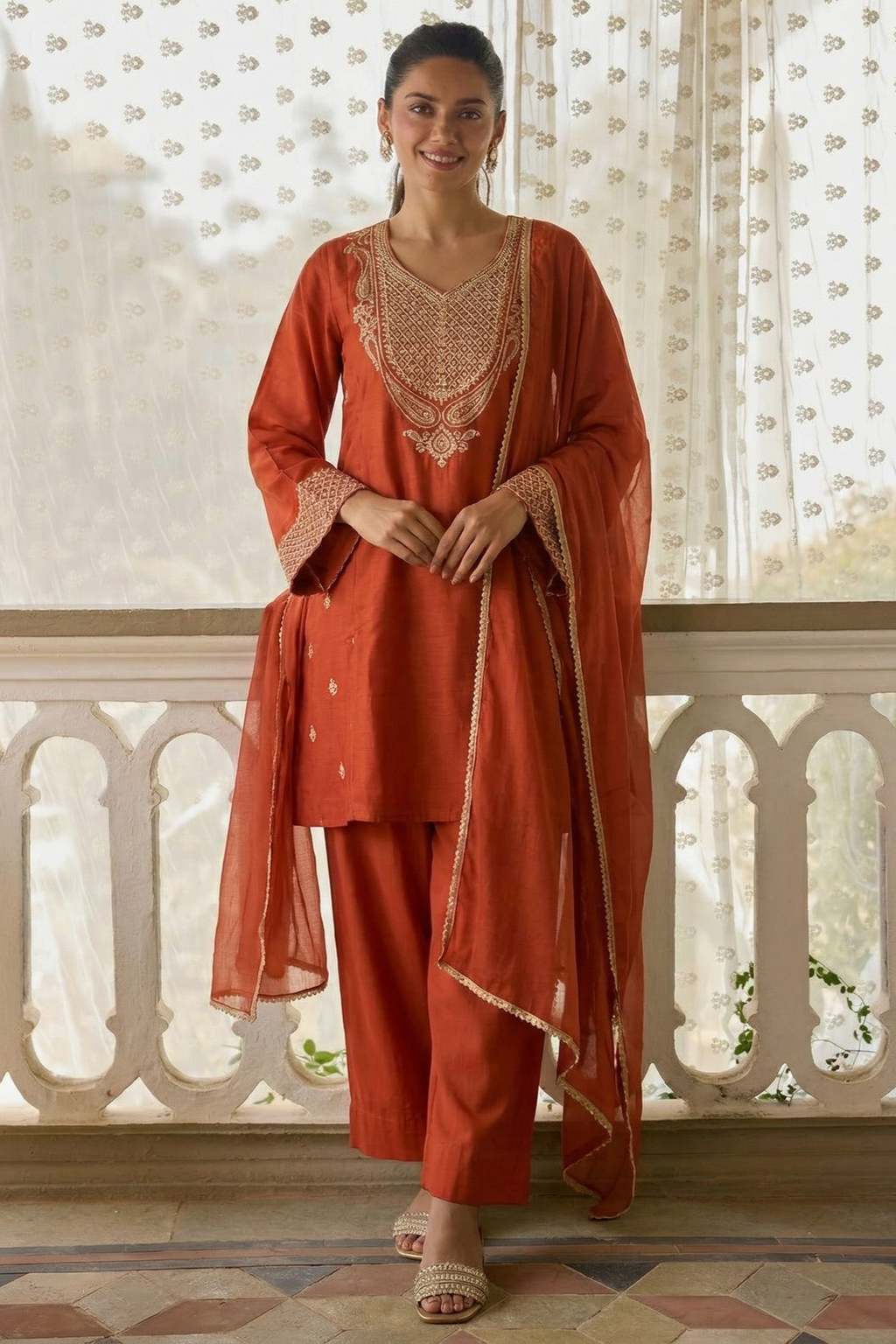 Rust Orange Cotton Silk Embroidery Work Loose Fit A Line Kurta Set for Women