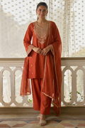 Rust Orange Cotton Silk Embroidery Work Loose Fit A Line Kurta Set for Women