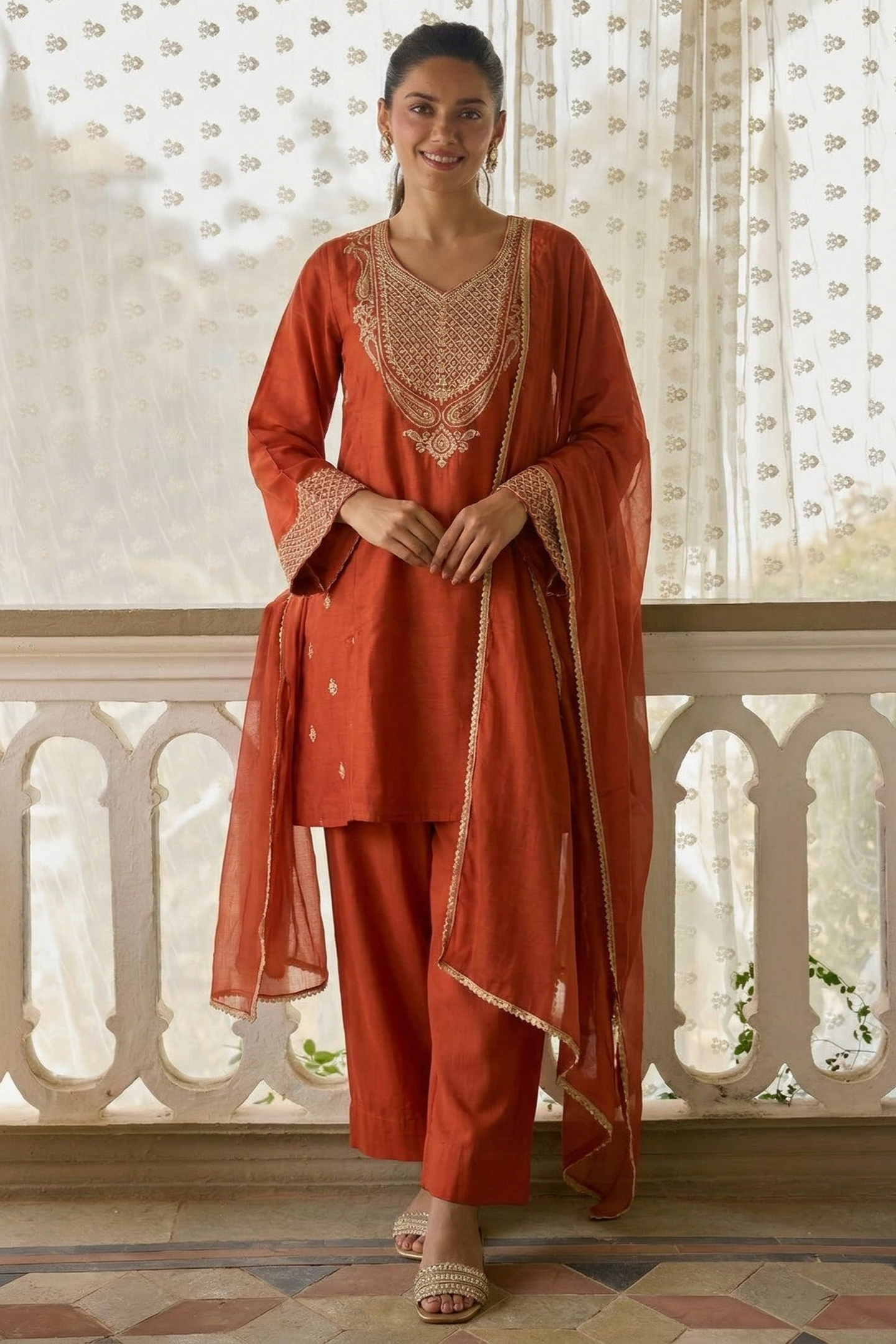 Rust Orange Cotton Silk Embroidery Work Loose Fit A Line Kurta Set for Women
