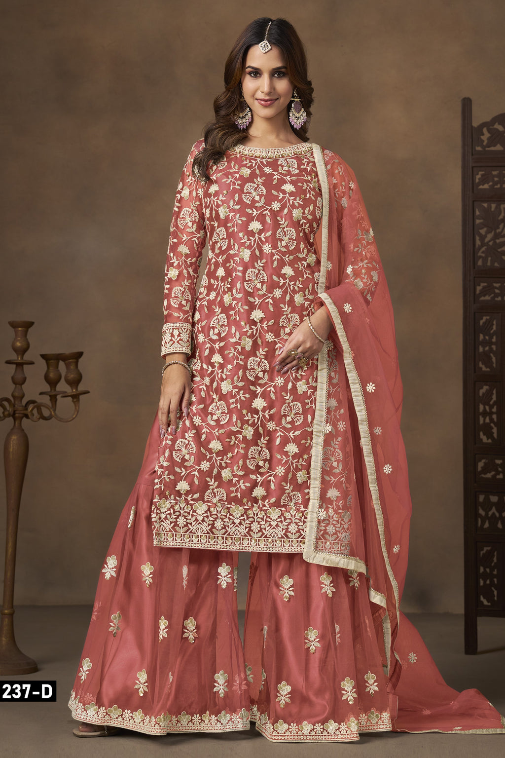 Orange Net Plazo Suits for Wedding with Sequins Embroidery