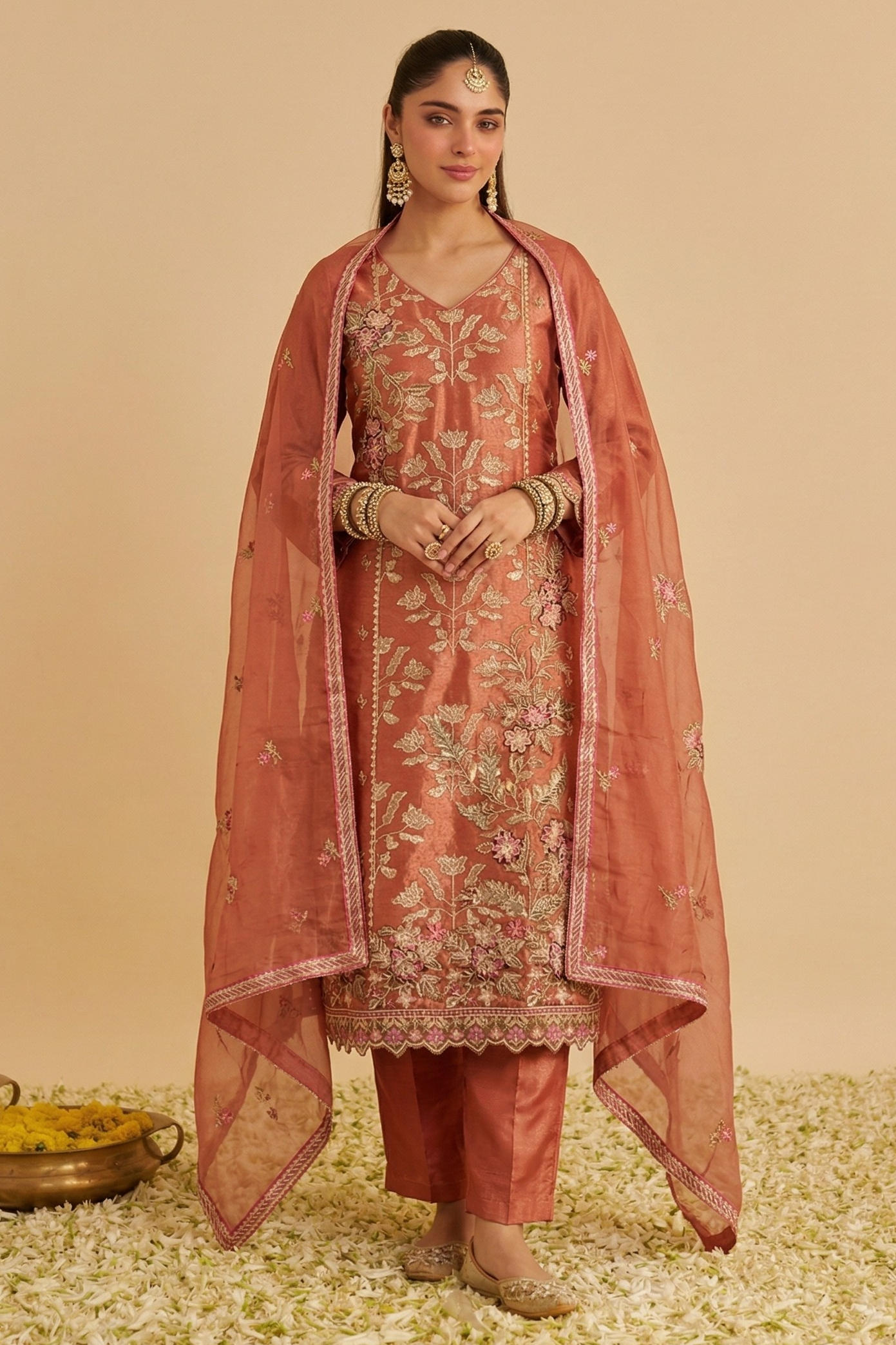 Orange Shimmer Silk Women's Straight Pant Suit with Embroidery