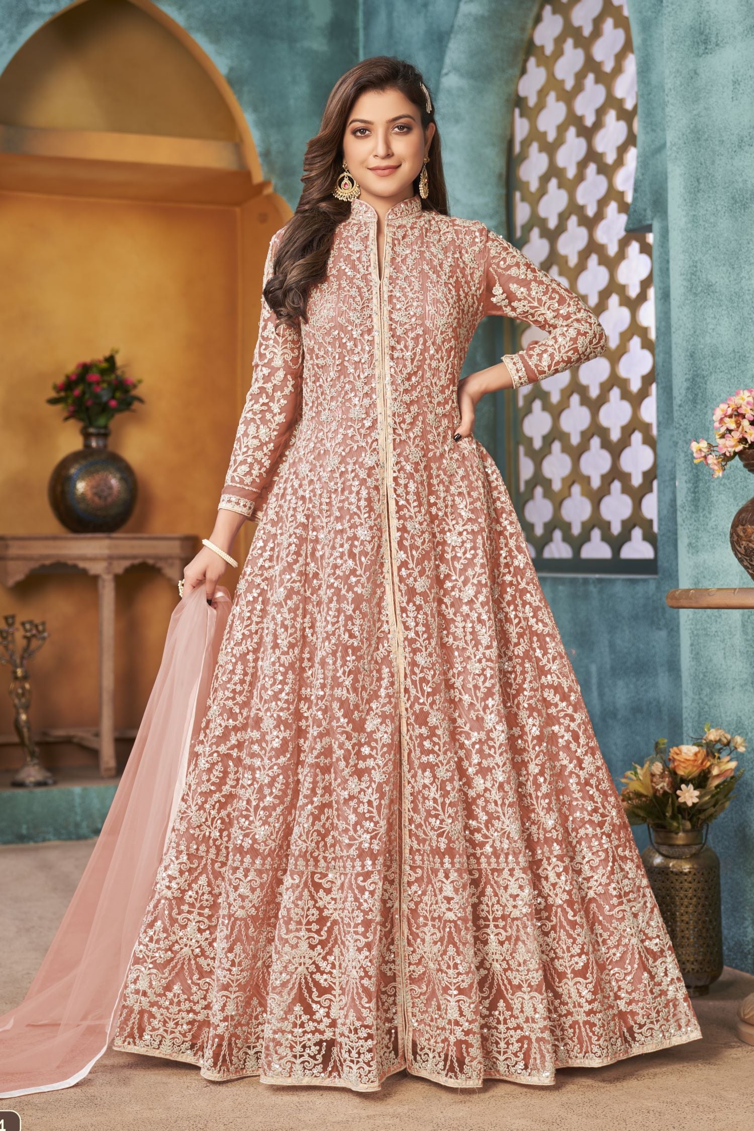 Orange Net Anarkali Indian Party Wear Dresses with Sequins and Thread Embroidery Work