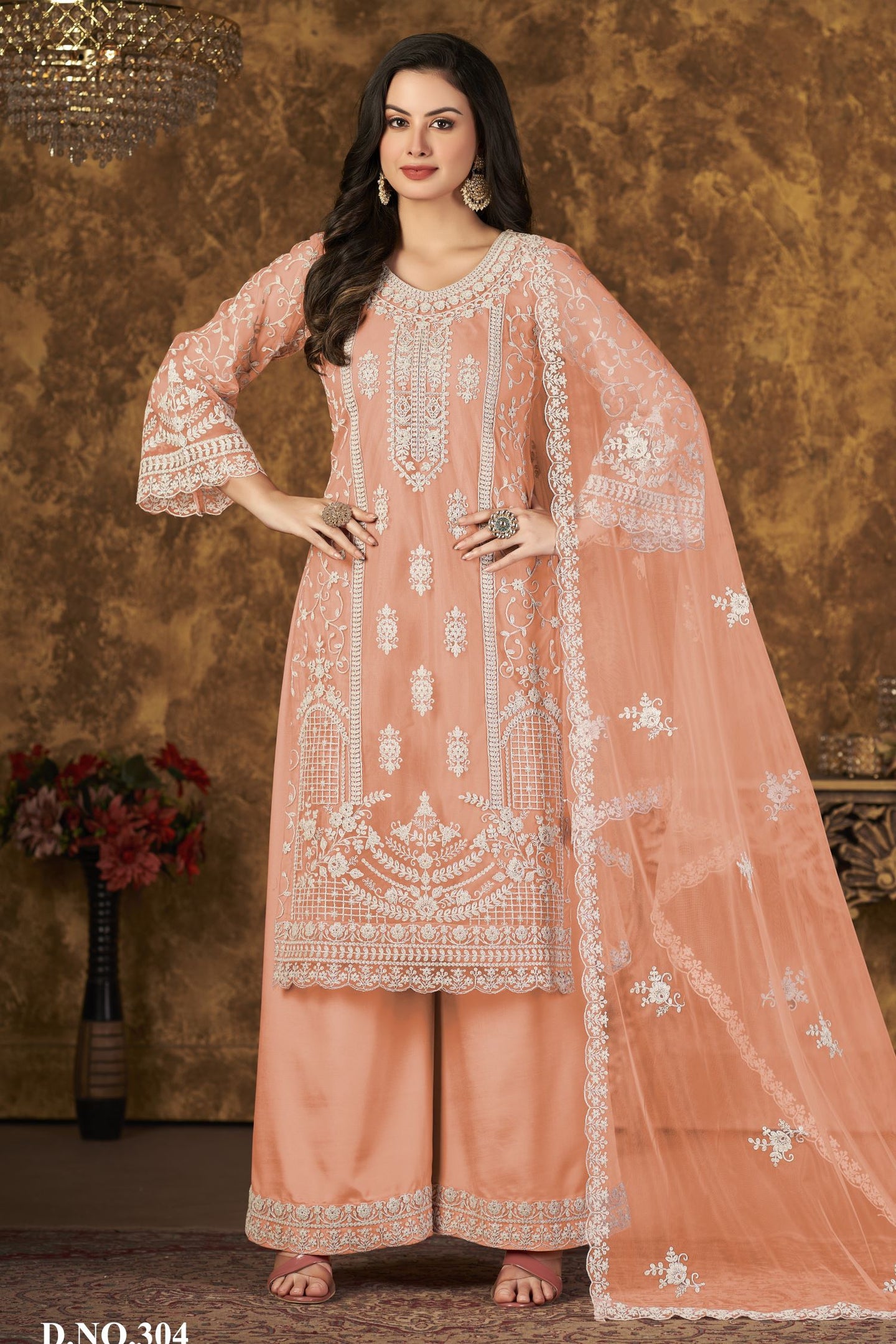 Orange Net Plazo With Thread Work Pakistani Style Wedding Dresses