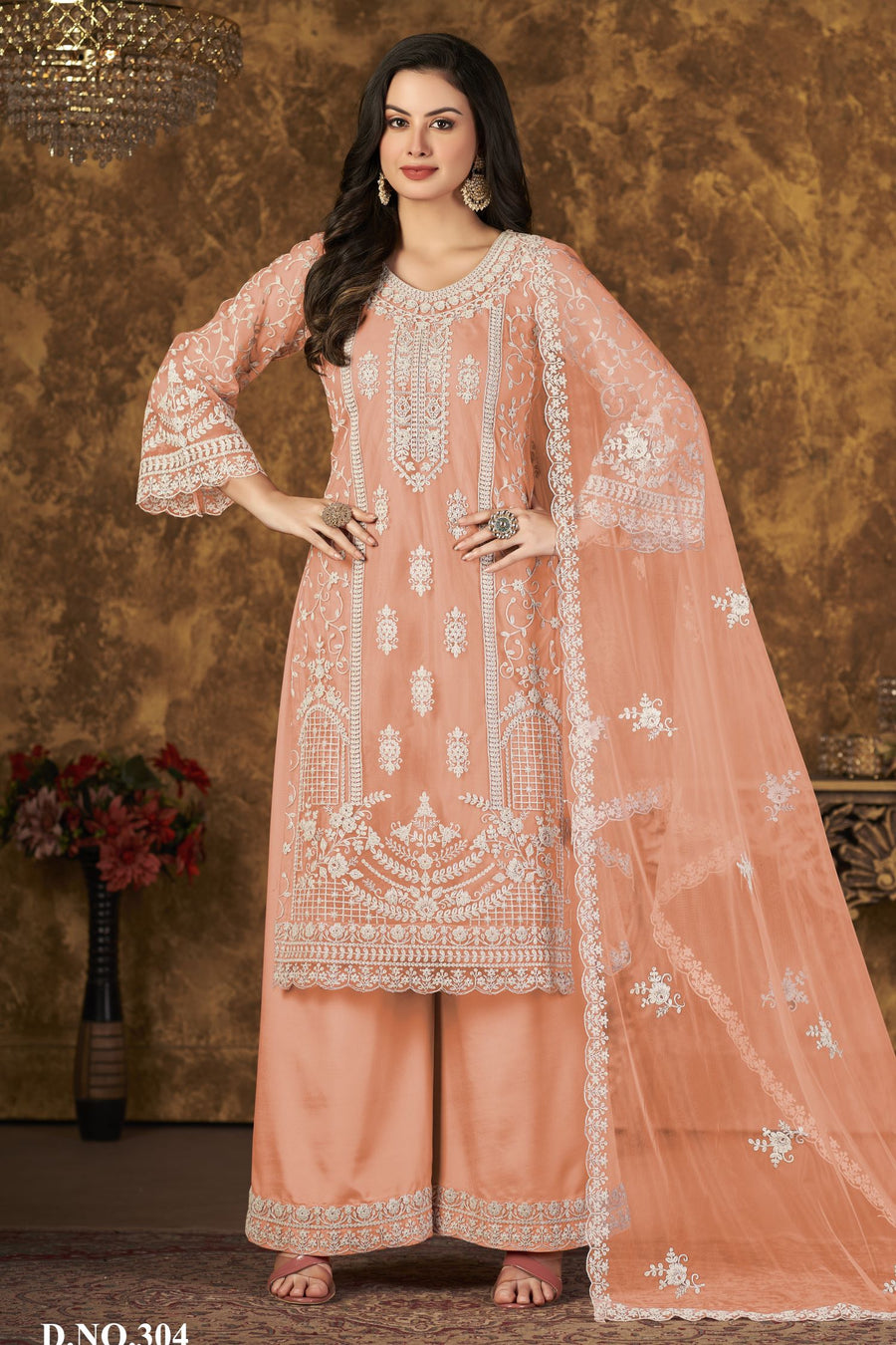 Orange Net Plazo With Thread Work Pakistani Style Wedding Dresses