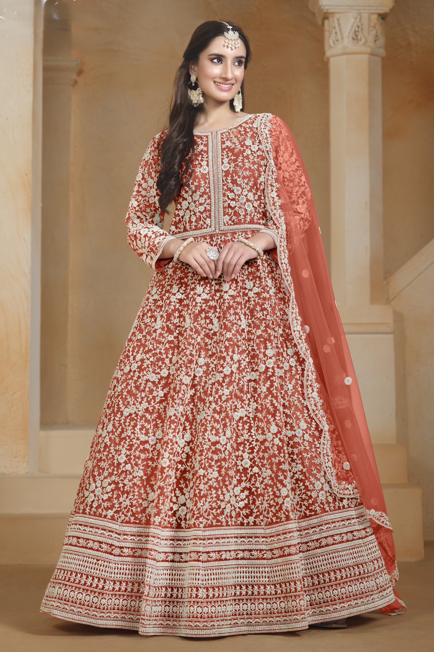 Orange Net Dori Work Anarkali Wedding Guest Suit
