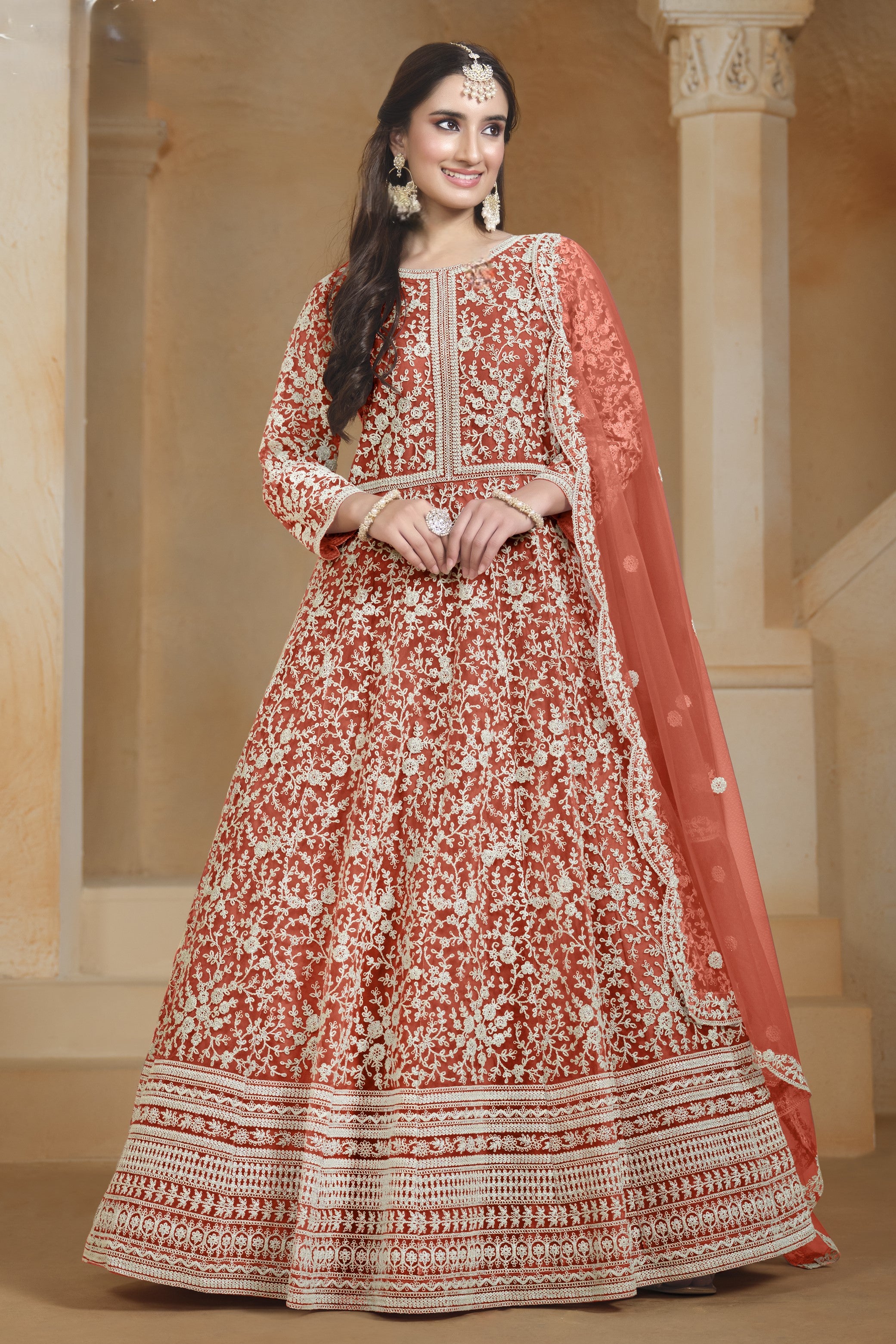 Orange Net Dori Work Anarkali Wedding Guest Suit