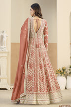 Peach Georgette Anarkali Dress for Sangeet with White Thread Work