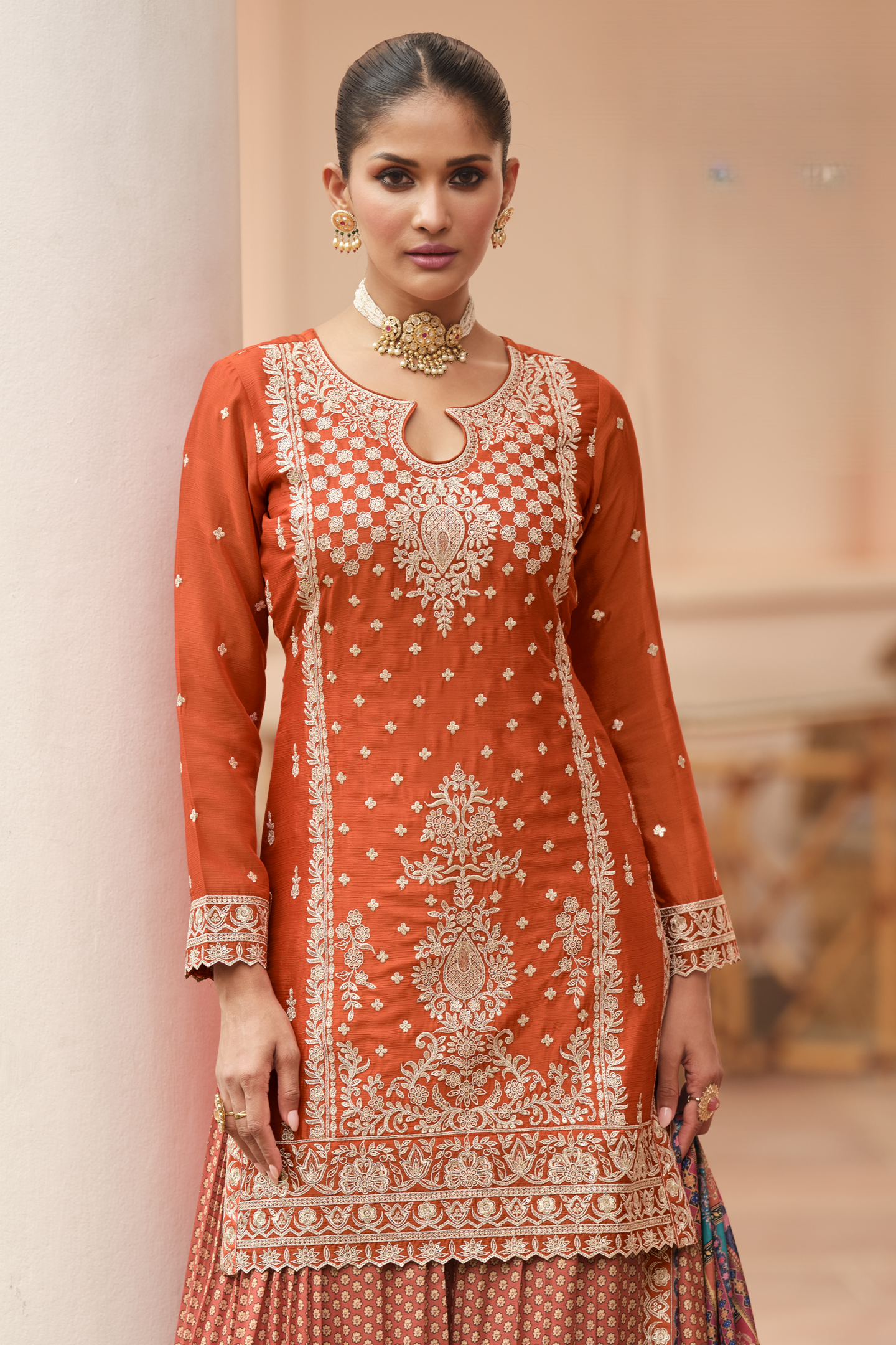 Orange Chinon Silk Indian Palazzo Suit with Print & Embroidery Work