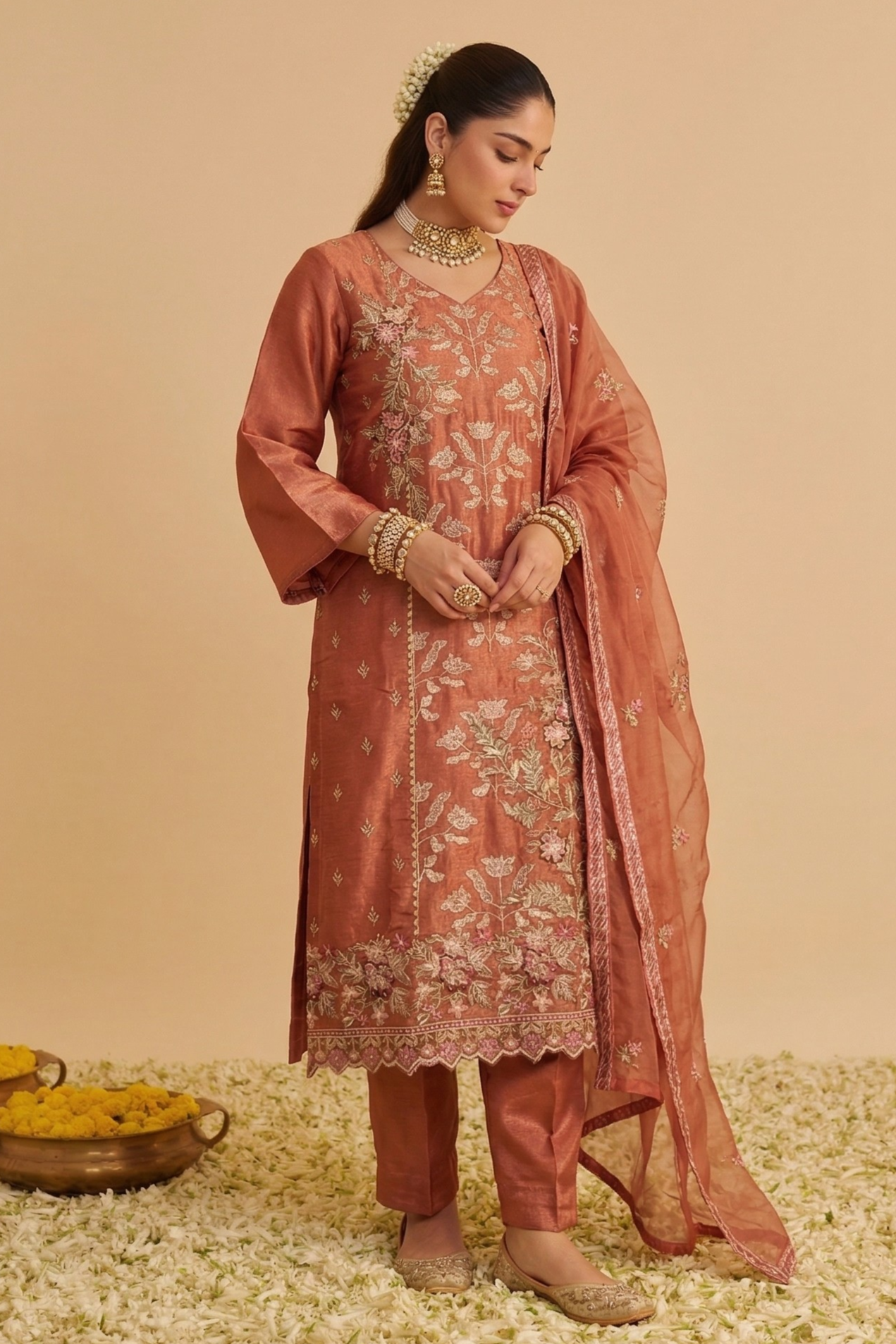 Orange Shimmer Silk Women's Straight Pant Suit with Embroidery