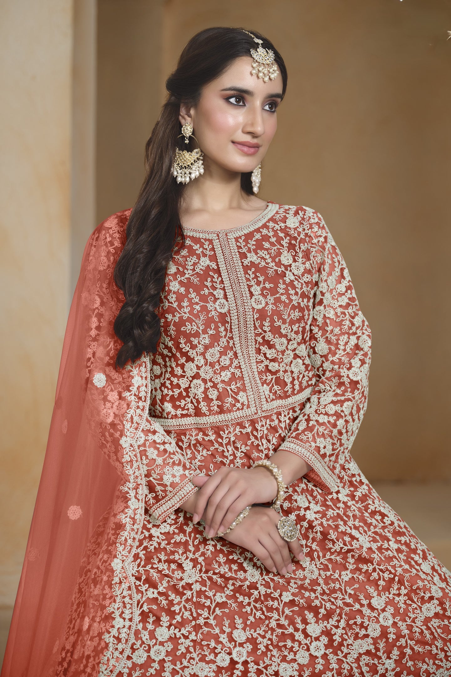 Orange Net Dori Work Anarkali Wedding Guest Suit