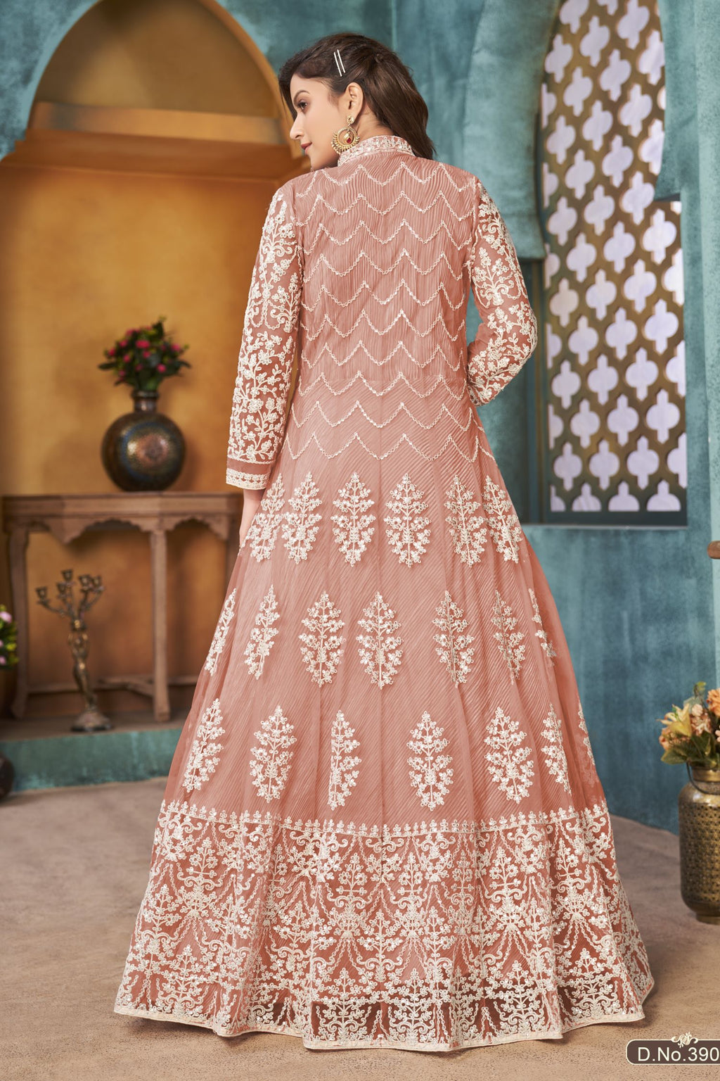 Orange Net Anarkali Indian Party Wear Dresses with Sequins and Thread Embroidery Work