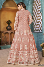 Orange Net Anarkali Indian Party Wear Dresses with Sequins and Thread Embroidery Work