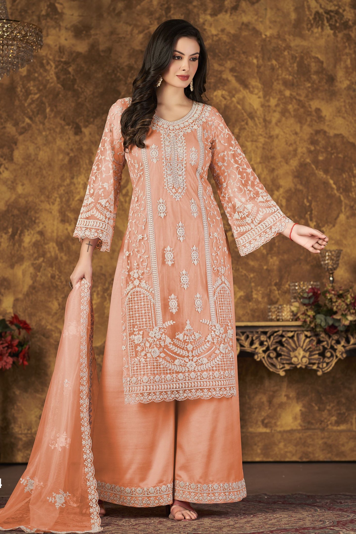 Orange Net Plazo With Thread Work Pakistani Style Wedding Dresses