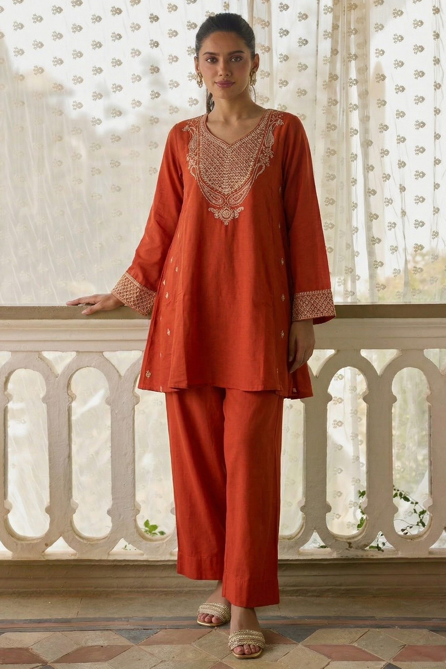 Orange Cotton Silk Embroidery Work Loose Fit A Line Kurta Set for Women