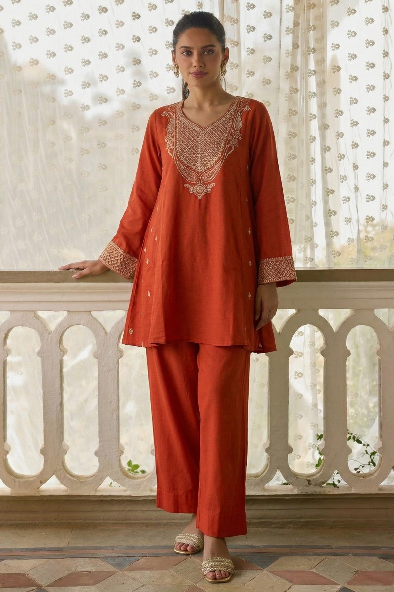 Orange Cotton Silk Embroidery Work Loose Fit A Line Kurta Set for Women
