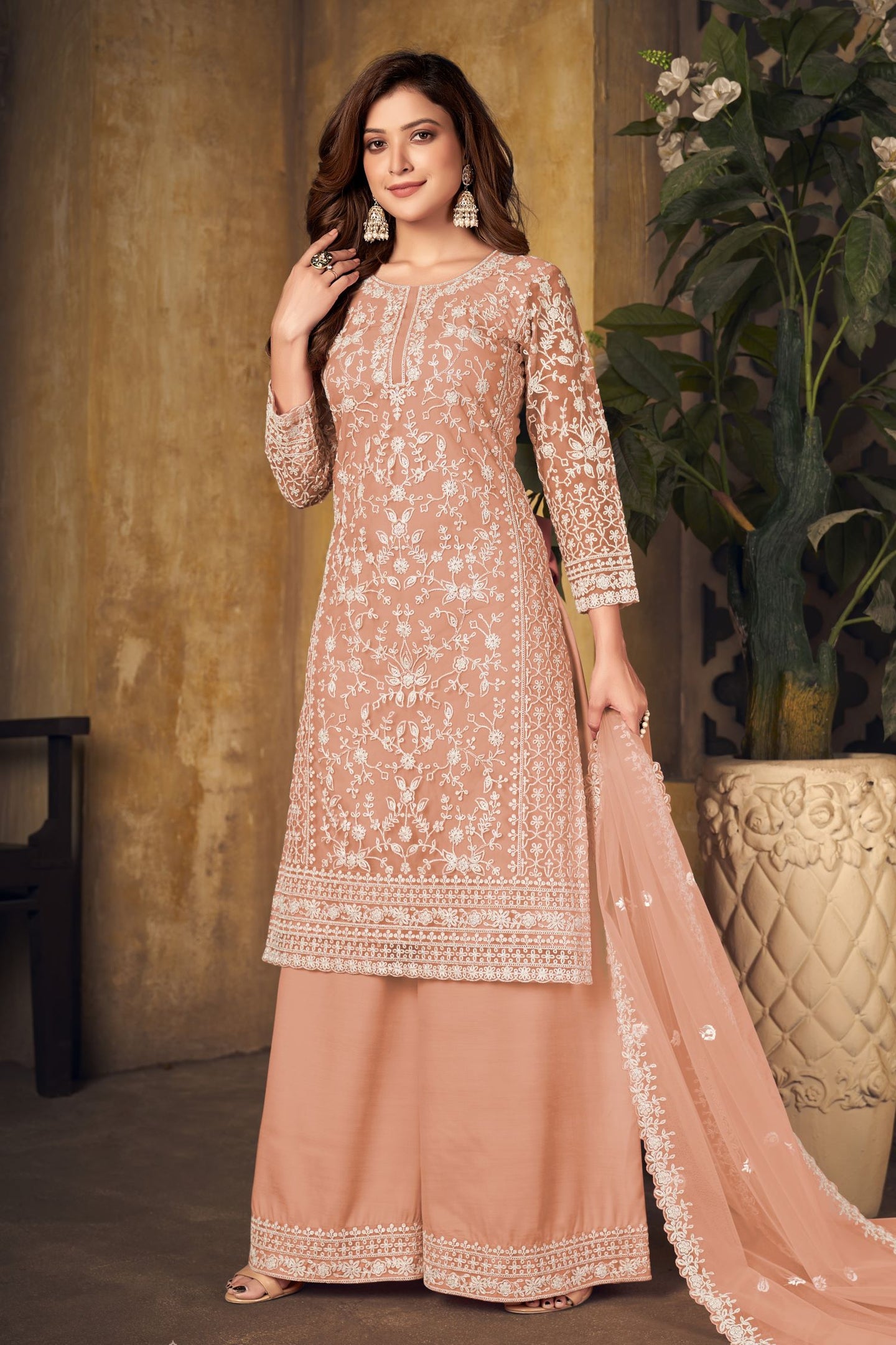 Orange Net Thread Embroidery Plazo for Sangeet Outfits for Women