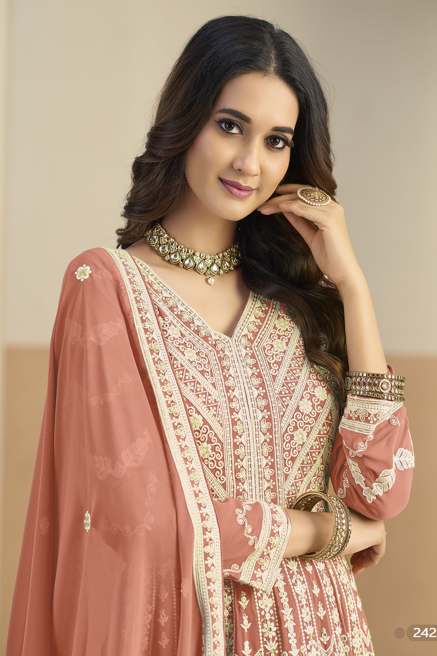 Peach Georgette Anarkali Dress for Sangeet with White Thread Work
