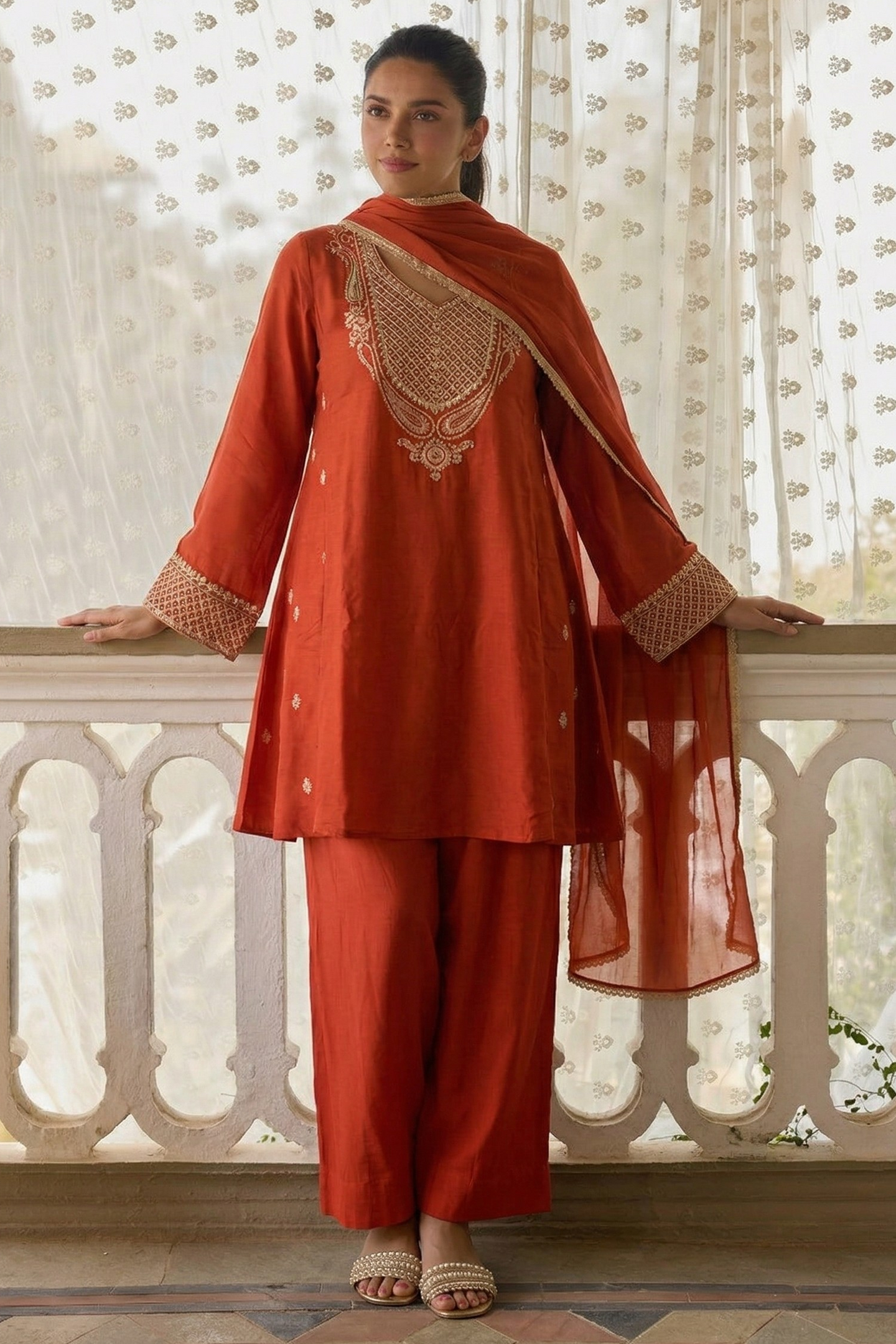 Orange Cotton Silk Embroidery Work Loose Fit A Line Kurta Set for Women