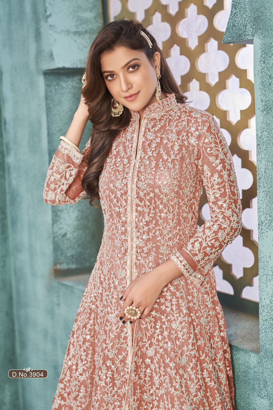 Orange Net Anarkali Indian Party Wear Dresses with Sequins and Thread Embroidery Work