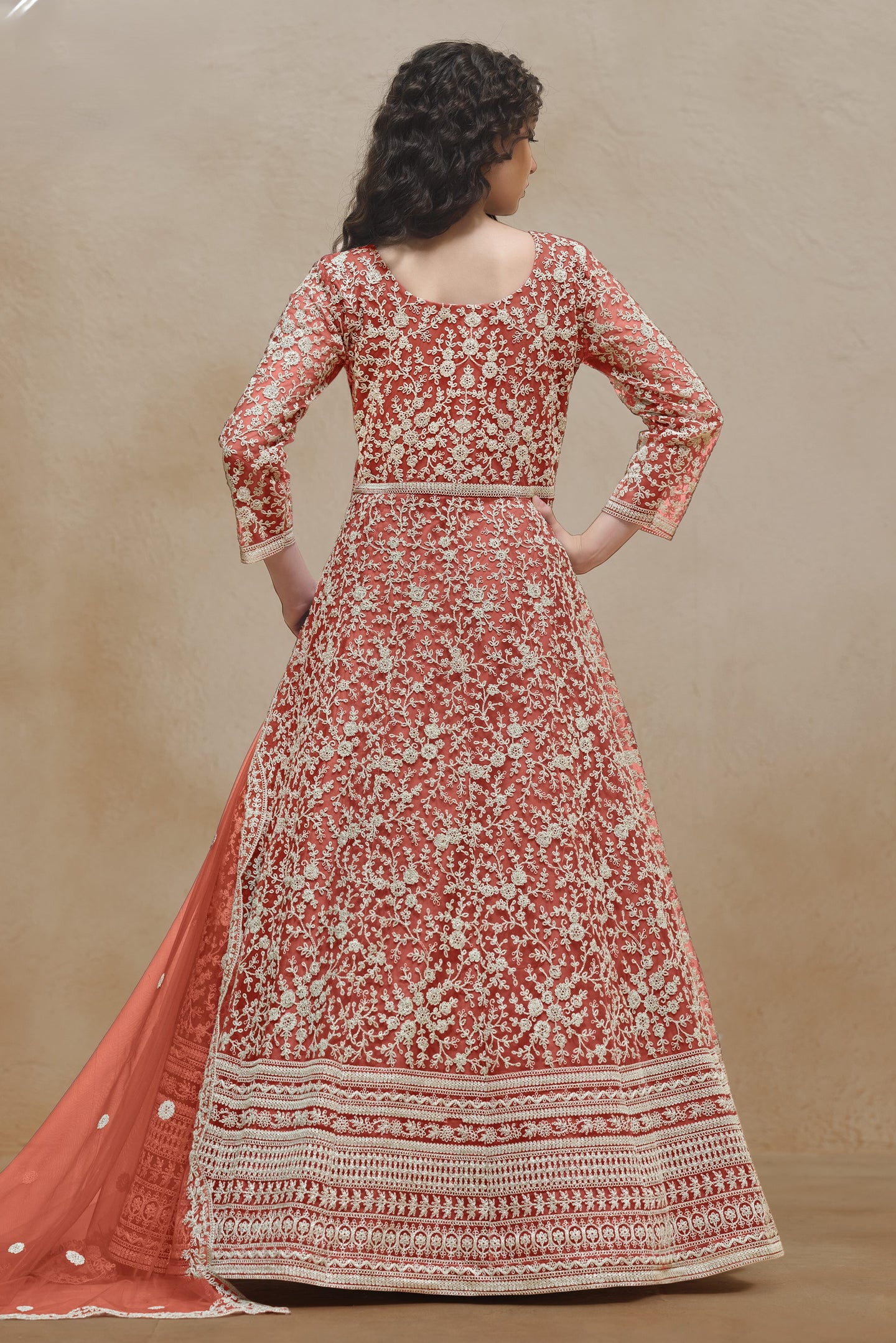 Orange Net Dori Work Anarkali Wedding Guest Suit