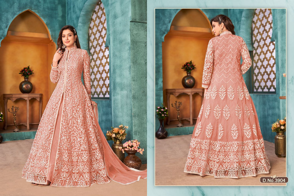 Orange Net Anarkali Indian Party Wear Dresses with Sequins and Thread Embroidery Work