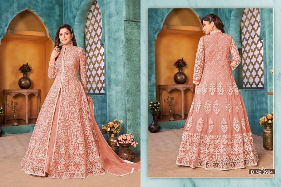 Orange Net Anarkali Indian Party Wear Dresses with Sequins and Thread Embroidery Work