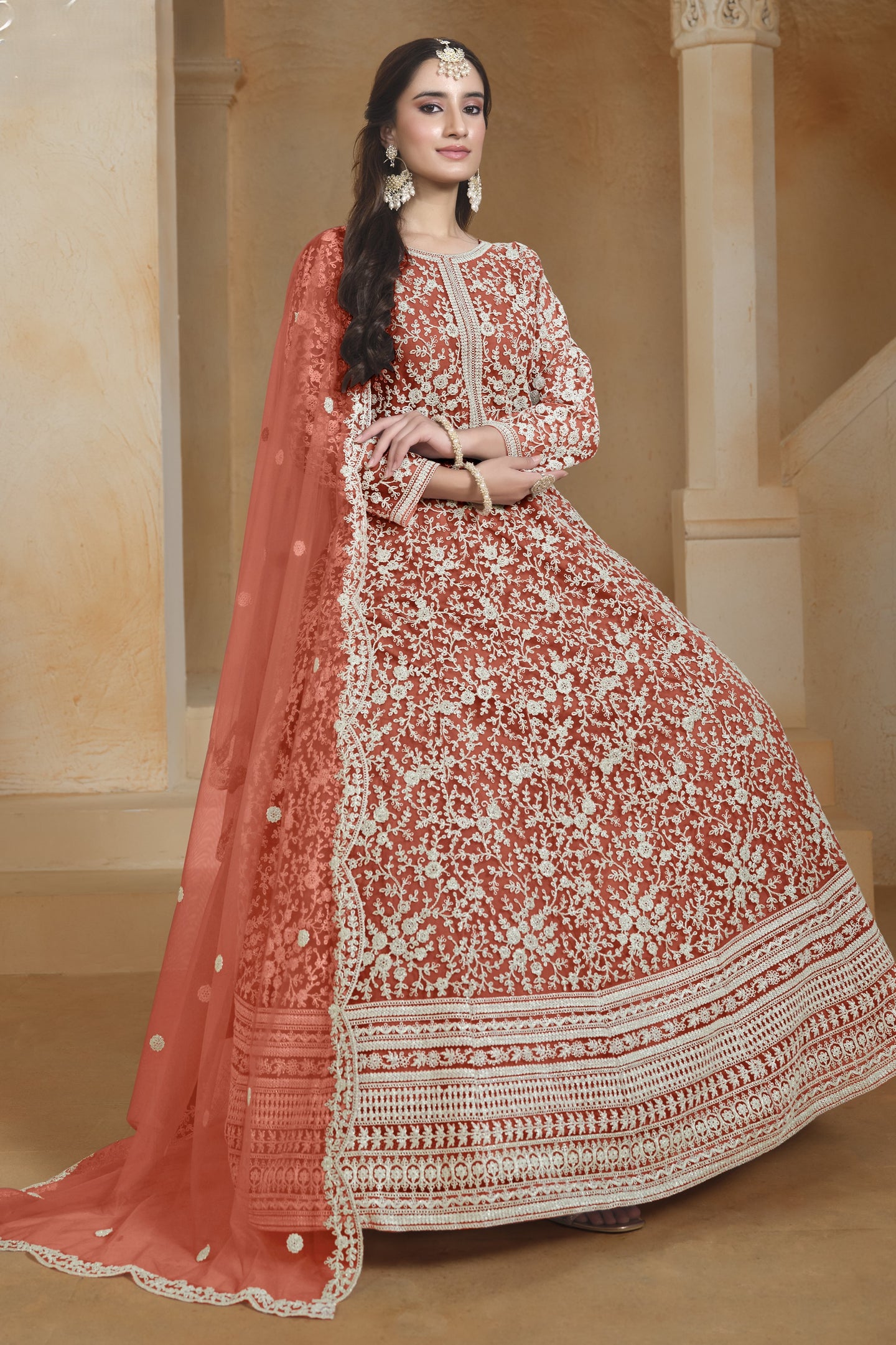 Orange Net Dori Work Anarkali Wedding Guest Suit