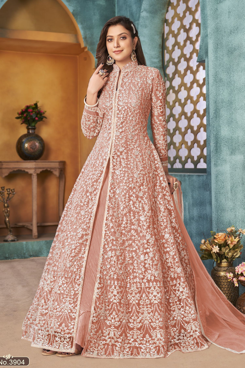 Orange Net Anarkali Indian Party Wear Dresses with Sequins and Thread Embroidery Work