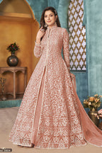 Orange Net Anarkali Indian Party Wear Dresses with Sequins and Thread Embroidery Work