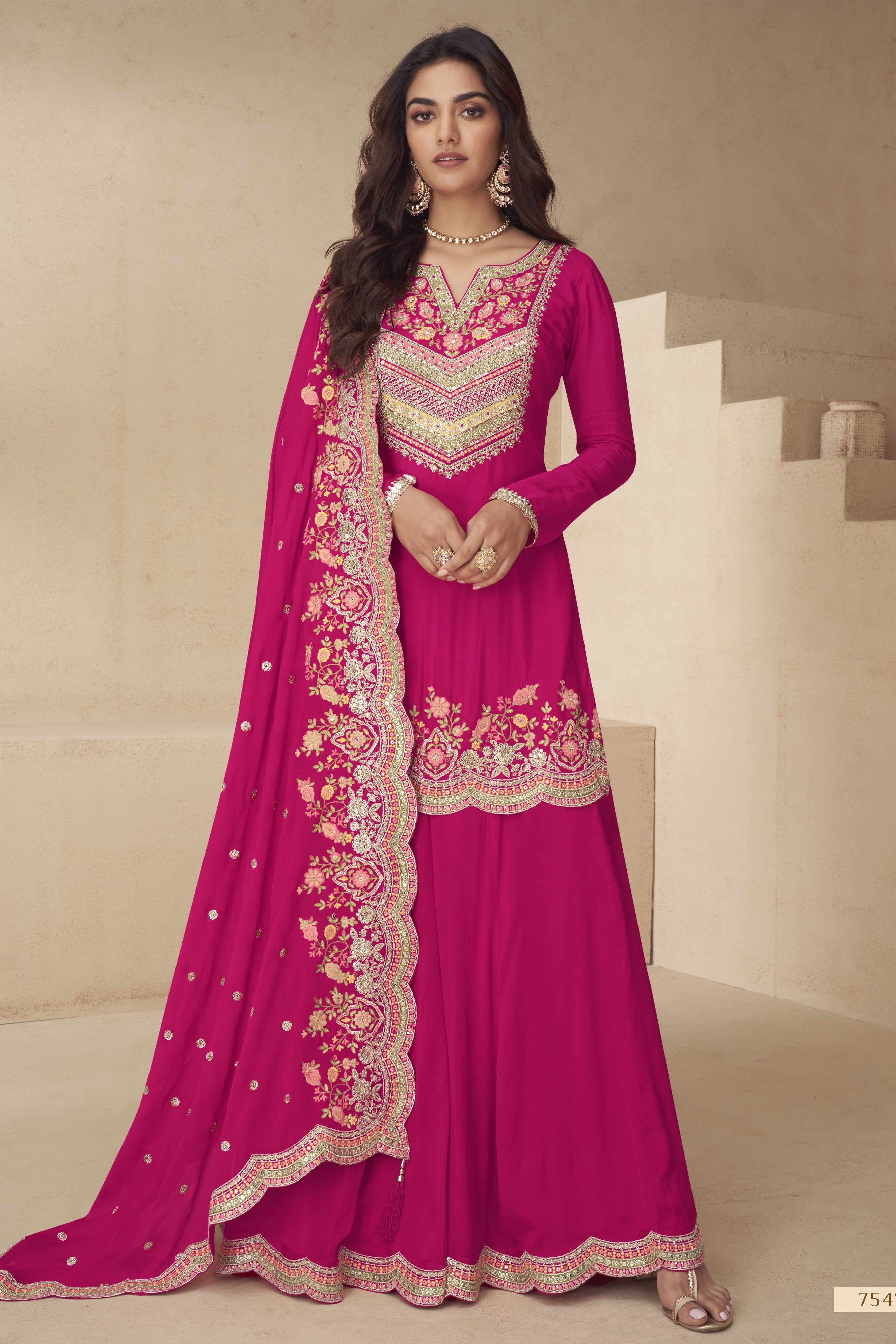 Palazo for Sangeet Pink Chinon Silk With Embroidery Work