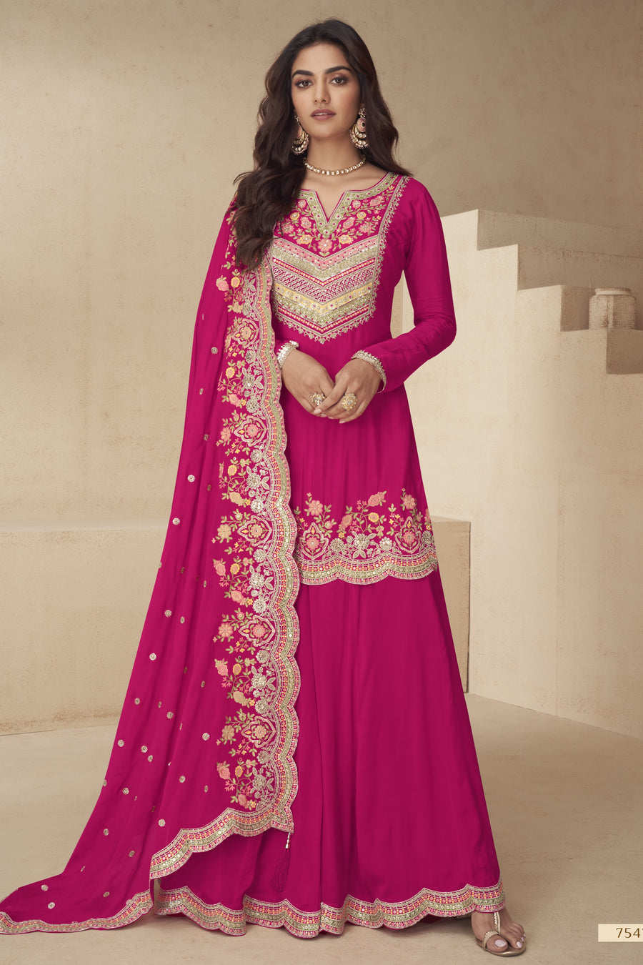 Palazo for Sangeet Pink Chinon Silk With Embroidery Work